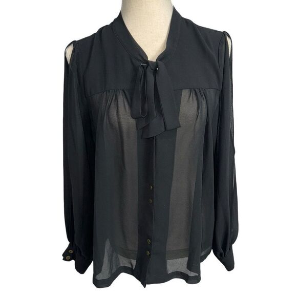 Forever 21 Solid Black Long Sleeve Button Down Tie Front Open Sleeve Blouse M - Picture 13 of 13